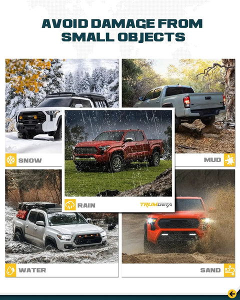 Toyota Tacoma vehicles equipped with All Black Rear Bumper Crossmember End Caps for 2024-2026 models driving in snow, mud, rain, water, and sand.