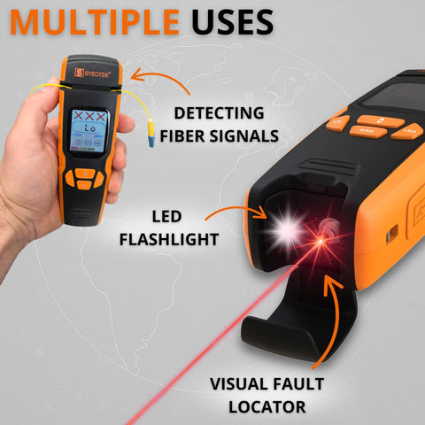 Sysotek Optical Fiber Identifier OFI two-device telecom tester set in orange and black with built-in visual fault locator