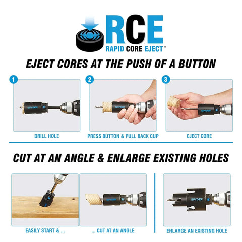Half Inch Quick Change Hole Saw Arbor With Rapid Switch And Rapid Core Eject For Easy Plug Removal High Speed Steel Tungsten Carbide Tipped Includes Pilot Delivers Smooth Cuts At Low Speeds illustrated in multi-step process.