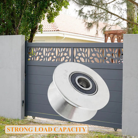 3 Inch V Groove Gate Wheel Stainless Steel Roller With Double Bearings in front of a sliding gate