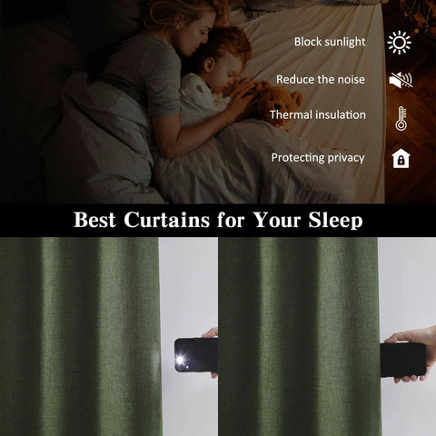 Extra Wide Linen Blackout Curtains With Hooks For Track System Sliding Doors, in loden olive green, shown blocking light