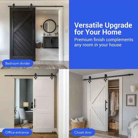 Heavy Duty Barn Door Hardware Kit With Handle For Smooth Sliding Doors Includes Track Rails And Rollers Durable Single Or Double Barn Door Assembly Black Finish Easy To Install Suitable For DIYers And Professionals installed in various rooms.