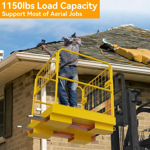 Forklift Cage Work Platform 36x36 Inches Heavy Duty Steel Lift Basket 1150 Lbs with yellow cage used for roofing work.