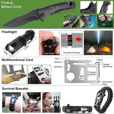 Image showing a tactical knife, flashlight, multi-tool card, and survival bracelet included in the 216 Pcs Survival First Aid Kit With Pro Gear Essentials For SOS Emergencies Hiking Hunting Camping And Disaster Prep Green Case Packed With First Aid Supplies And Survival Tools For Ready For Adventures.