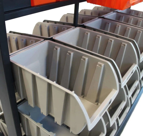 Close-up of the Rolling Storage Bin Rack And Parts Organizer with Dual Sided Shelves, gray bins, black frame.