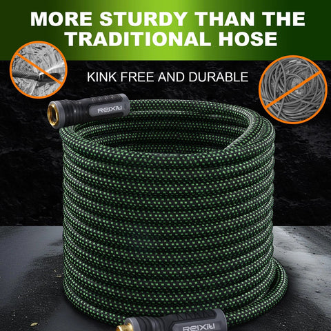 Relxitl garden hose, green braided 100 ft flexible hose with black 10-function spray nozzle.
