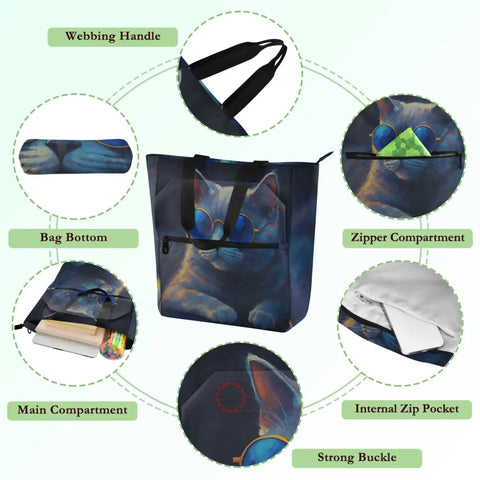 All Weather Nylon Tote Bag For Women Water Repellent Everyday School Nurse Work Tote With Reinforced Straps, cat print, compartments displayed.