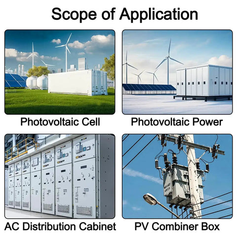 Scope of Application for PV Solar Fuse Holder with images of Photovoltaic Cell, Photovoltaic Power, AC Distribution Cabinet, PV Combiner Box