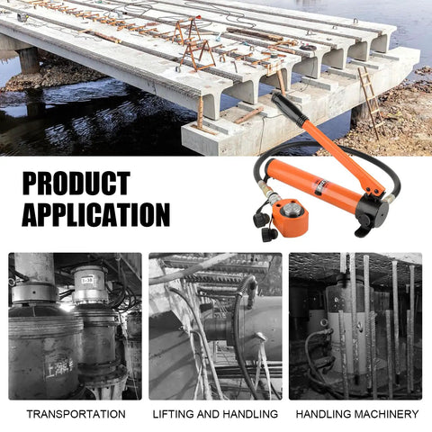 Orange 10-ton hydraulic jack with CP-180 manual pump and hoses, side view