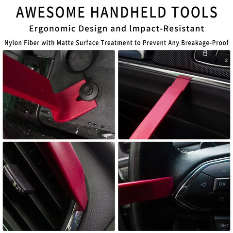 Trim Removal Tool Set For Car Interior Pro Grade 8 Piece Red Pliers Kit For Door Panels And Trim Clips Removal, Fasteners, Upholstery Repair And Audio Panel Trim, Ergonomic Non Slip Handles, showing ergonomic design and nylon material.