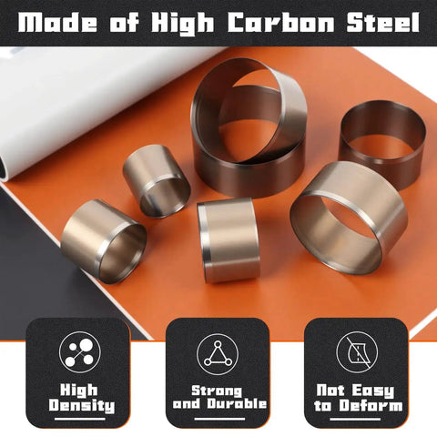 Leather Circle Cutter Tool Set with 21 Sizes from 15 to 55 mm, showing metal dies on table, made of durable high carbon steel.