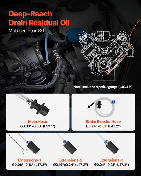 Diagrams and parts of multi-size hose set with main hose, brake bleeder hose, and extensions, used with 9.5 L Manual Oil Change Fluid Extractor Pump With Long Hose And Extension Tubes.