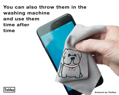Hand using Microfiber Cleaning Cloths 10 Pack For Screens Eyeglasses And Phones Dog Design on smartphone screen