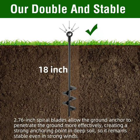 Cross-section view of Heavy Duty Ground Anchors 18 Inch showing 2.76-inch spiral blades penetrating deep soil for secure hold.