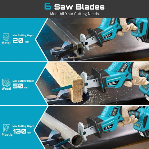 Cordless Reciprocating Saw With Brushless Motor And 3500 RPM Variable Speed For Wood And PVC Cutting, LED Light, Tool Free Blade Change, Includes 6 Blades And 2x4Ah Batteries, Portable Power For Tough Jobs cutting metal, wood, and plastic