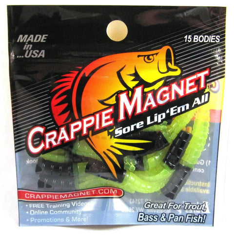 Crappie Magnet Body 15 Pack Black Chartreuse Replacement Lure Bodies For Crappie Fishing in retail packaging.