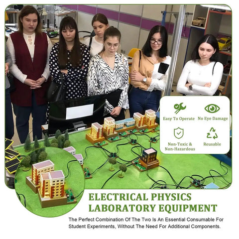 Physics lab equipment setup with students observing experiments, showcasing non-toxic, reusable, easy-to-operate components.