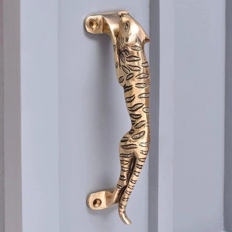 Vintage Style Interior Door Pull Handle 1 Piece in Antique Brass and Gold Finish depicting a jaguar, mounted on a door.