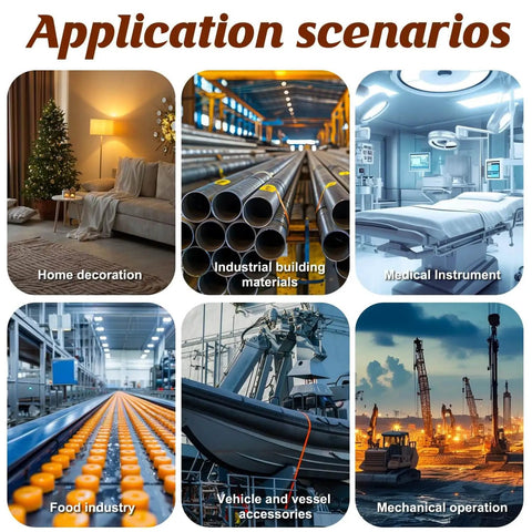 Image showing six industrial and home application scenarios for fasteners: home decoration, building materials, medical instruments, food industry, vehicle accessories, and mechanical operations.