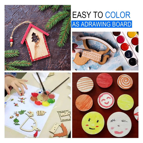 Collage of DIY craft projects with paints, wooden shapes, and decorations