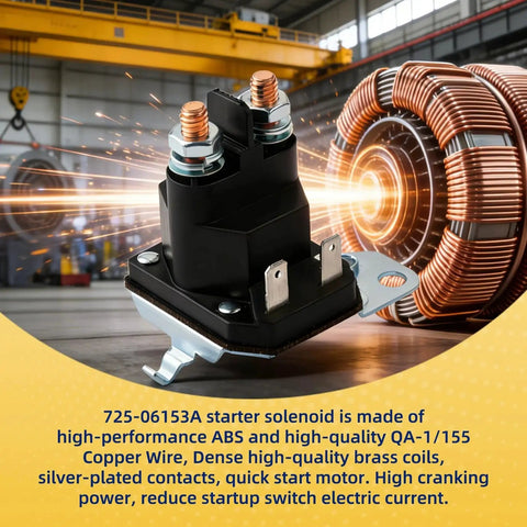 725-06153A starter solenoid relay; black plastic housing with copper terminal studs for riding lawn mowers.