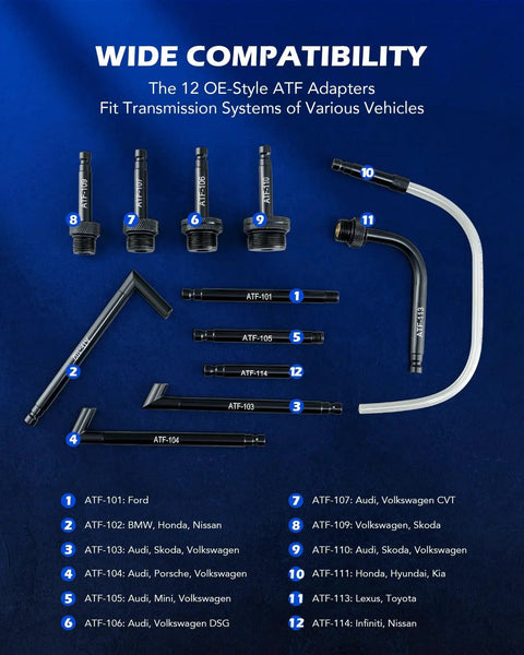 Diagram showing 12 ATF adapters for 3L Transmission Fluid Pump With 12 ATF Adapters And Pressure Gauge, labeled by vehicle compatibility.