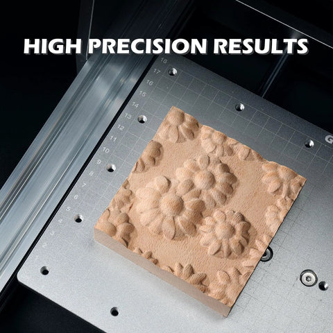 High precision carving detail on CNC work area, showing Ultra Power CNC Router For Metal Wood And Acrylic With Upgraded 710W Spindle And All Metal Frame Genmitsu 3020 PRO Ultra 11.8 by 8.1 by 3.1 inch work area built in motherboard fan PCB MDF compatible.