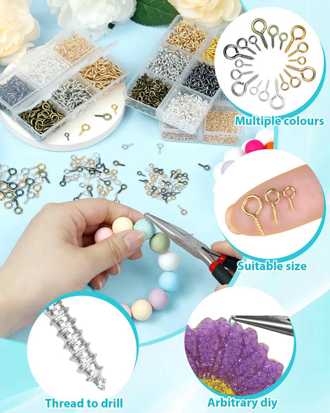 Crafting with 840 Pieces Small Screw Eye Pins for Jewelry Making and Beading, showcasing six colors of mini eyelet hooks in various sizes.