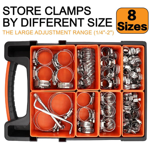175-piece 304 stainless steel hose clamps assortment kit in orange case, sizes 1/4–2 inches