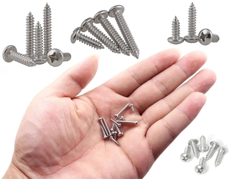 600 Piece Self Tapping Sheet Metal Screw Kit In 12 Sizes M2 M2.2 M2.6 M3 Pan Head 304 Stainless Steel Silver Finish displayed on hand