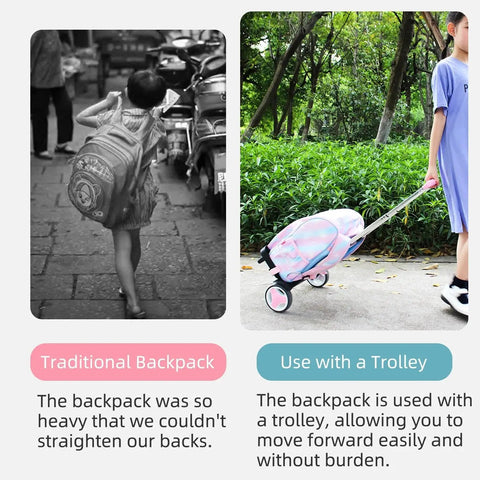 Comparison of traditional backpack use and Foldable Aluminum Backpack Trolley Cart With Stair Climbing Wheels in pink.