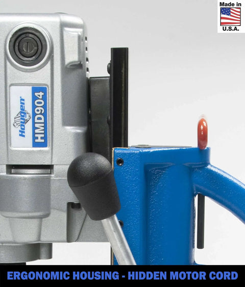 Close-up of Hougen HMD904 drill component from Beefy 115 Volt Swivel Base Magnetic Drill Fabricator Kit With Integrated Coolant Bottle And Half Inch Drill Chuck Plus Adapter And Rotabroach Cutter Kit From Hougen For Fast Precise Metal Drilling.