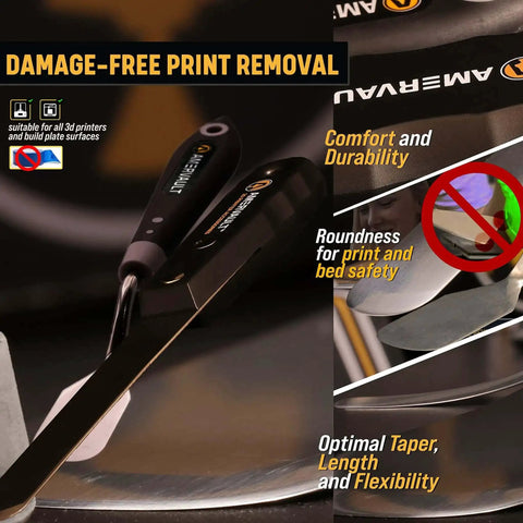 Durable 3D Print Removal Tool Kit With Pro Grade Comfort Grips And Hardened Blades shown in action on a 3D printer bed.