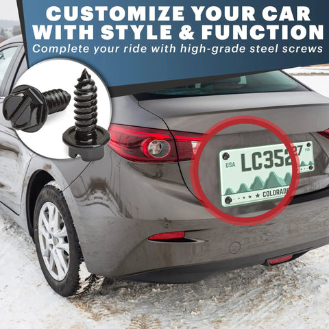 Rustproof License Plate Screws For US Domestic Rides Stainless Steel Bolts Black Slotted 4 Pack near installed license plate.