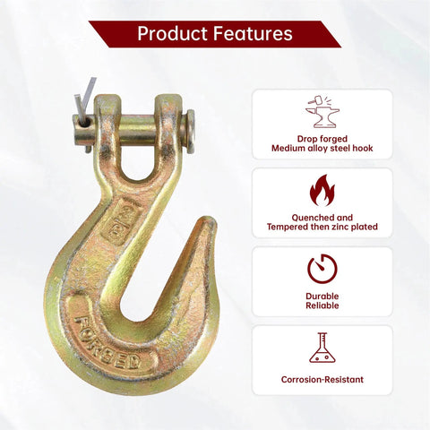 2 Pack 3/8 Inch Clevis Grab Hooks Grade 70 Chain Hook 7500 Lbs WLL Yellow Zinc close-up view highlighted features