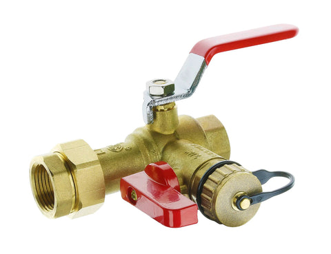 Brass tankless water heater service valve with red lever handle and 3/4-inch IPS connections