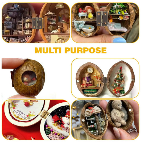 Miniature diorama inside walnut shells showcasing various scenes, including holiday themes and bookshelf-like setups, in multipurpose display.