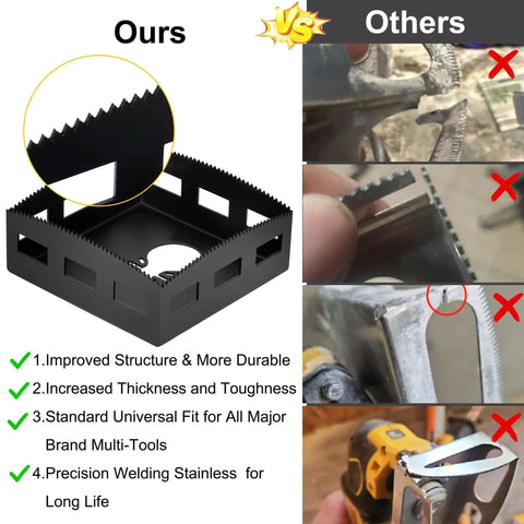 Upgrade Square Slot Cutter for Drywall and Wood Stainless Steel Outlet Cutter Built for DeWalt 20V Max and Milwaukee M18 Oscillating Tools One Step In Place Electrical Box Cutter Pro Grade 2 Pack shown with comparison chart.