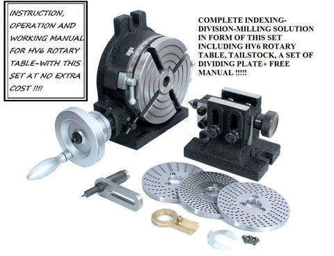 Pro Grade Workhorse Rotary Table With Steel Dividing Plates Set And Tailstock For Manual Milling Indexing Kit MT2 Bore Horizontal And Vertical Setup Includes Free Working Manual And All Required Accessories displayed with components on white background.