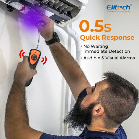 Technician using Advanced Freon Leak Detector For Car HVAC Systems With 6 Second Preheat And Adjustable Sensitivity Detects R11 R22 R134A R404A R410A And All Halogenated Refrigerants Including CFC HCFC HFC Blends Elitech CLD 100 near air conditioning unit.
