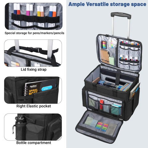Rolling Teacher Bag With Built In Hard Board And Detachable Trolley, open to show organized compartments and pockets for classroom items.