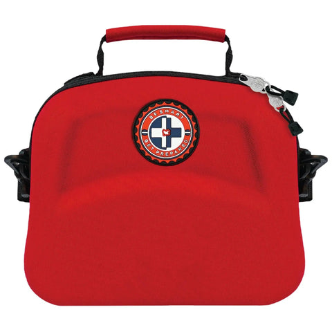 Front view of the 398-Piece Emergency First Aid Kit With Bonus Mini Backpack in red EVA case for office, home, car, and outdoor use.