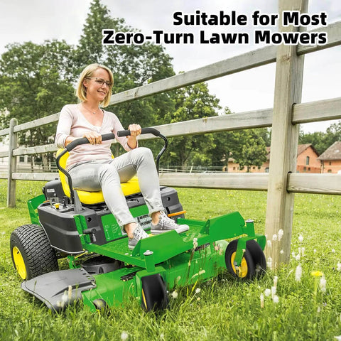 Woman mowing lawn on a zero-turn mower with a 2 Pack Flat Free Tire And Wheel Set For Lawn Mower, 13x5.00-6 Front Tires