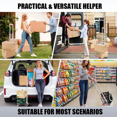 People using Ultra Lightweight Foldable Hand Truck Dolly with Dual Wheel Tank Wheels in various scenarios like moving and shopping.