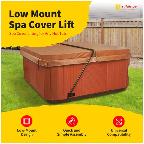 Low Mount Spa Cover Lift For Rectangular And Square Spas Up To 8 Feet Wide, shown installed on outdoor hot tub.