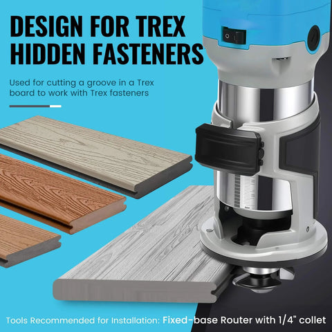 Pro Grade Carbide Tipped Router Bit Groove Cutter For Trex Decking That Works With Trex Hideaway Hidden Fasteners One Quarter Inch Shank Three Eighth Inch Cutting Depth Five Thirty Second Inch Height Delivers Durable Precise Clean Grooves, shown in use with Trex boards and router.