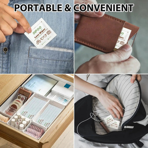 Portable PreMoistened Lens Wipes For Eyeglasses And Camera Lenses Ammonia Free stored in pocket, wallet, drawer, and bag