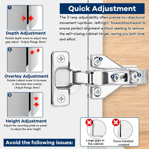 10 Pack Half Inch Overlay Face Frame Soft Close Hidden Cabinet Hinges 105 Degree 3D Adjustable Clip On Plate Concealed Kitchen Cupboard Door Hinges With Screws By ROTESONNE with adjustment features shown