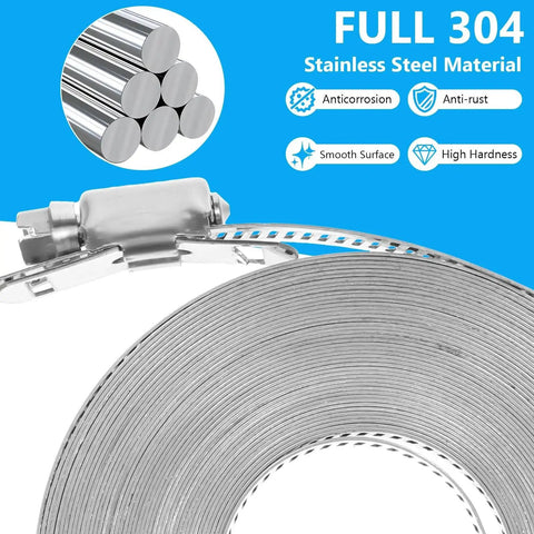Close-up of DIY 33Ft 304 Stainless Steel Hose Clamp Kit showing adjustable worm gear clamp with cut to fit metal strapping