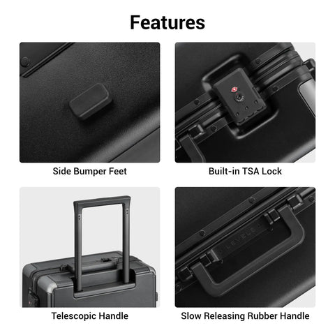 Four feature images of Zipperless Carry On Luggage With Aluminum Frame and Hard Shell Airline Approved 20 Inch Black Spinner Suitcase.